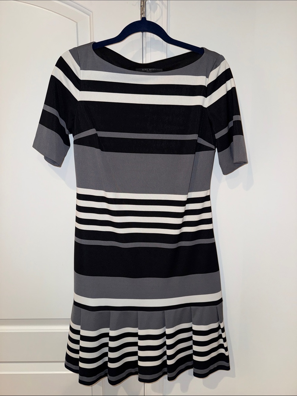 Nine West Dress Black, Gray & White Striped Fit-and-Flare Dress, 6